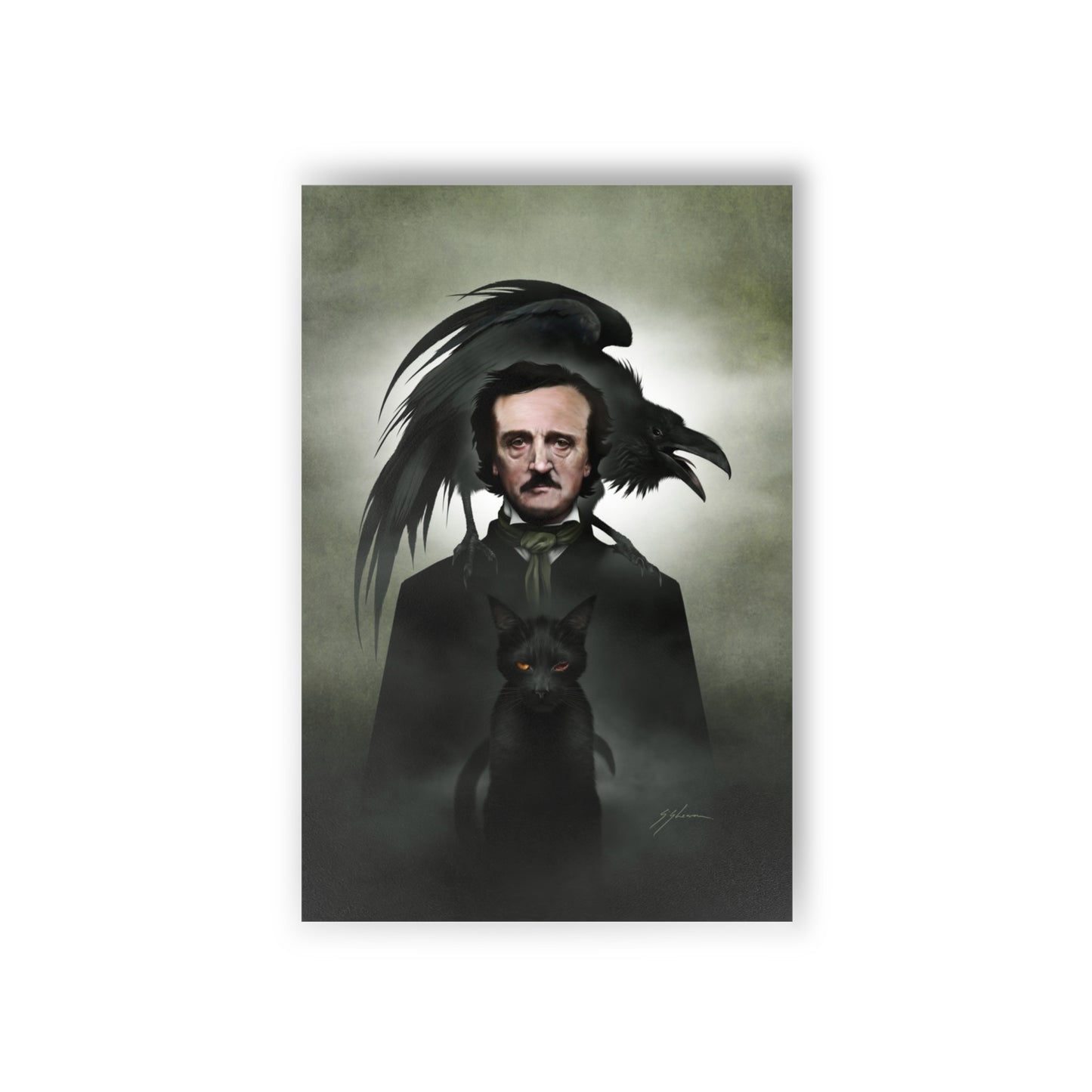 Edgar Allan Poe postcard set by Mister Sam Shearon — gothic dark art, The Raven, horror literature, human-made, non-AI. 