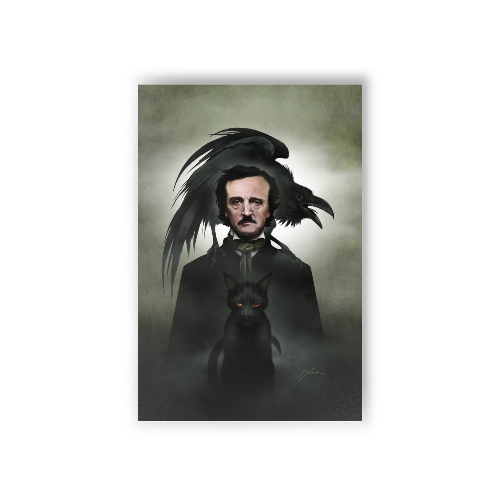 Edgar Allan Poe postcard set by Mister Sam Shearon — gothic dark art, The Raven, horror literature, human-made, non-AI. 
