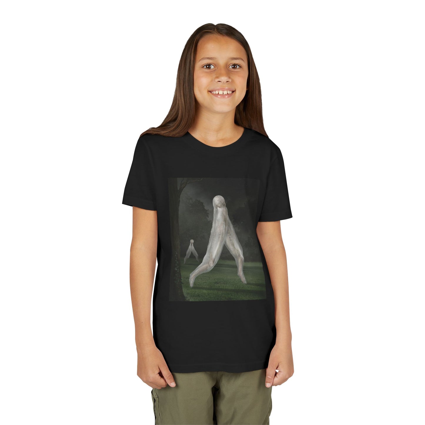 Nightcrawler youth t-shirt by Mister Sam Shearon — dark art, cryptid, creepypasta, paranormal, horror, human-made, non-AI. 