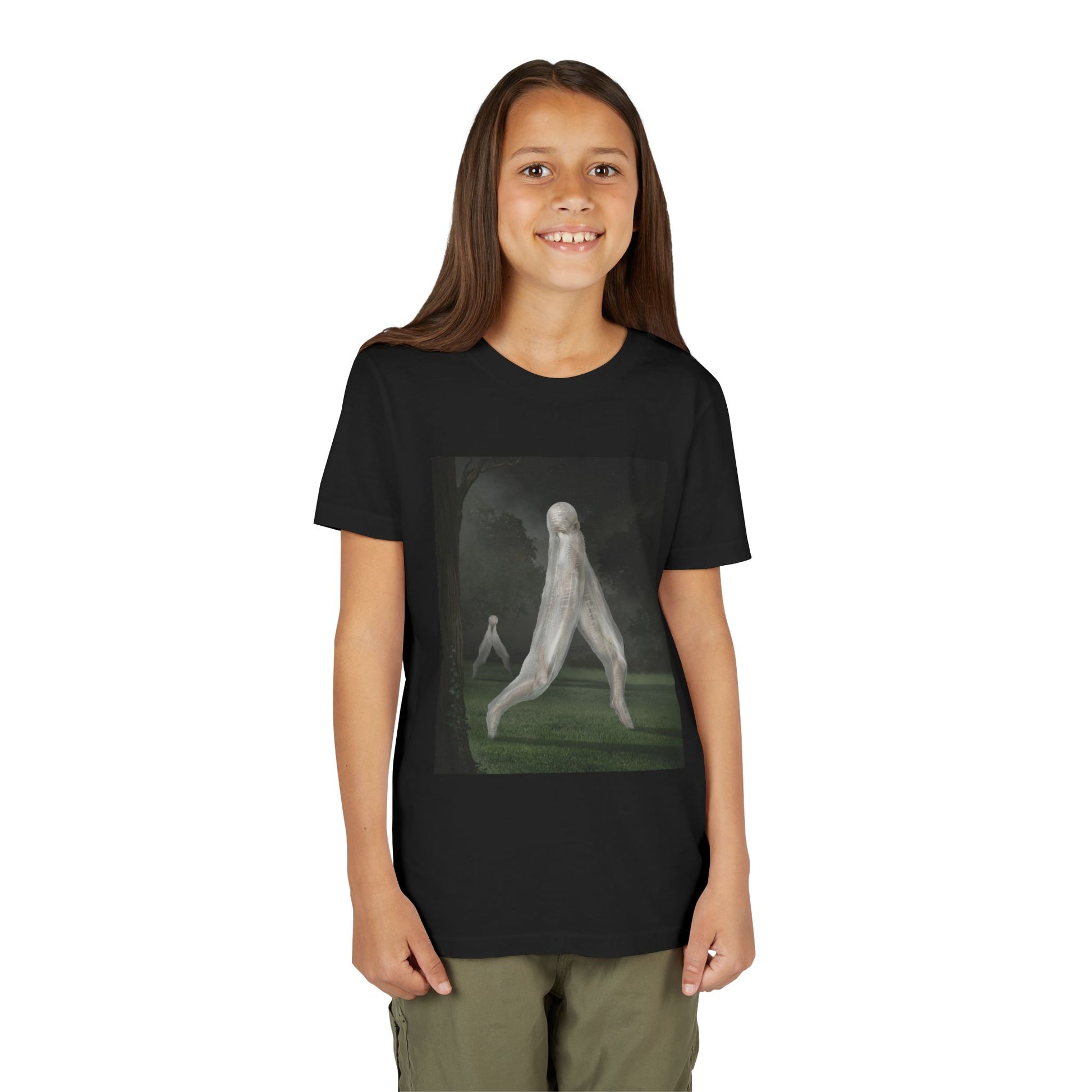 Nightcrawler youth t-shirt by Mister Sam Shearon — dark art, cryptid, creepypasta, paranormal, horror, human-made, non-AI. 