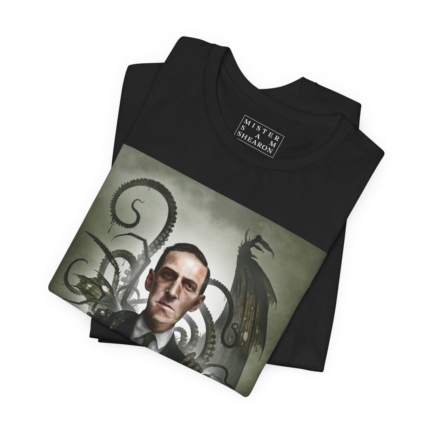 H.P. Lovecraft shirt detail shot — Old Ones dark art by Mister Sam Shearon