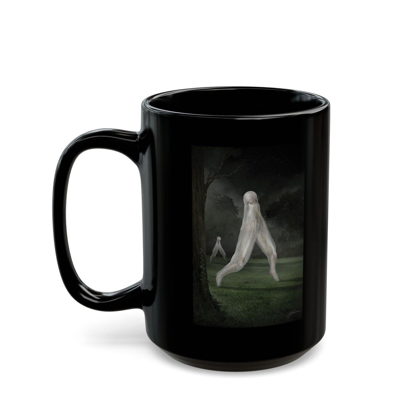 Nightcrawler black coffee mug by Mister Sam Shearon — dark art, cryptid, creepypasta, paranormal, horror, human-made, non-AI