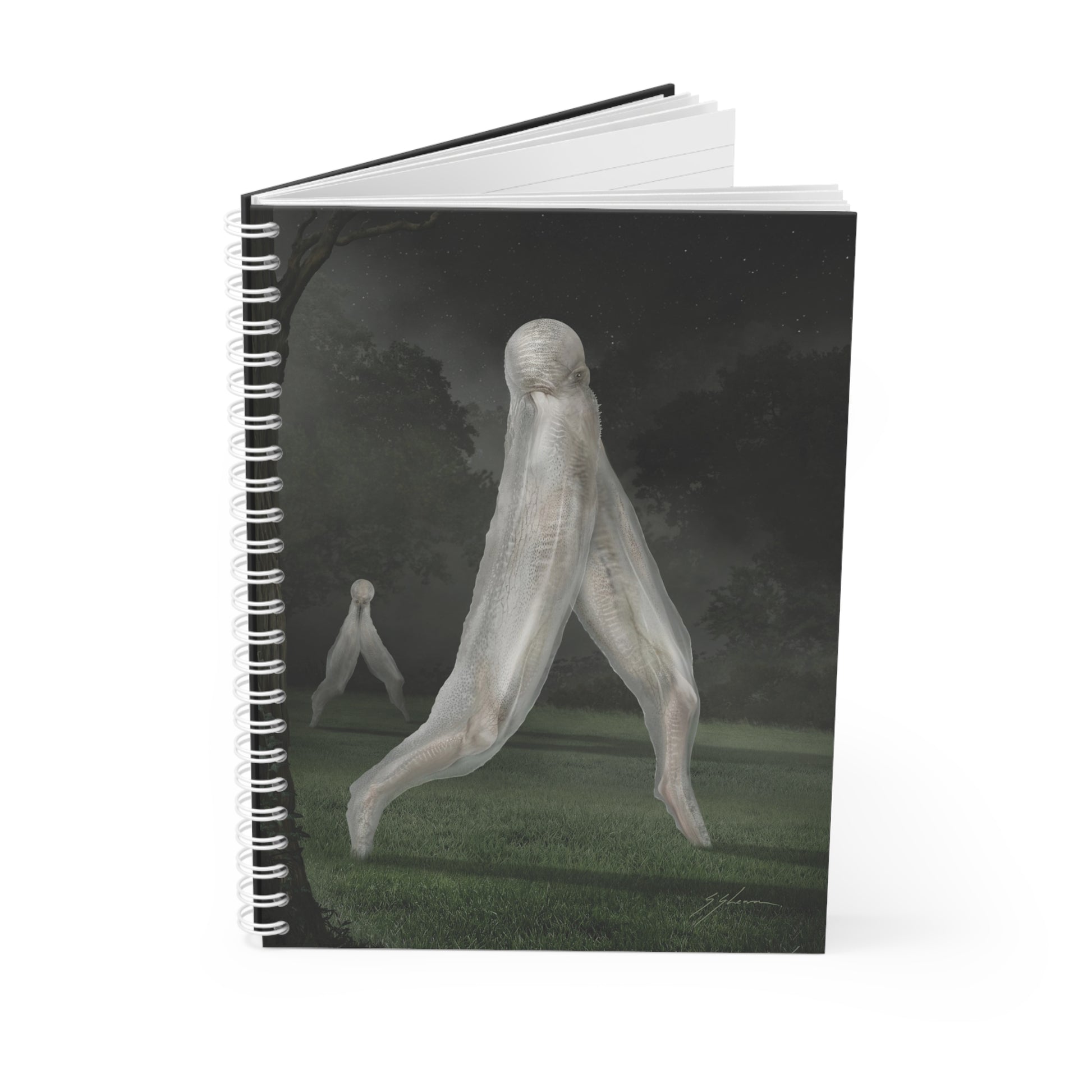 Nightcrawler spiral notebook open — paranormal cryptid field notes by Mister Sam Shearon