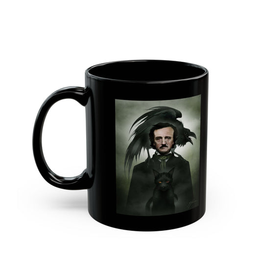 Edgar Allan Poe black coffee mug by Mister Sam Shearon — gothic dark art, The Raven, horror literature, human-made, non-AI. 