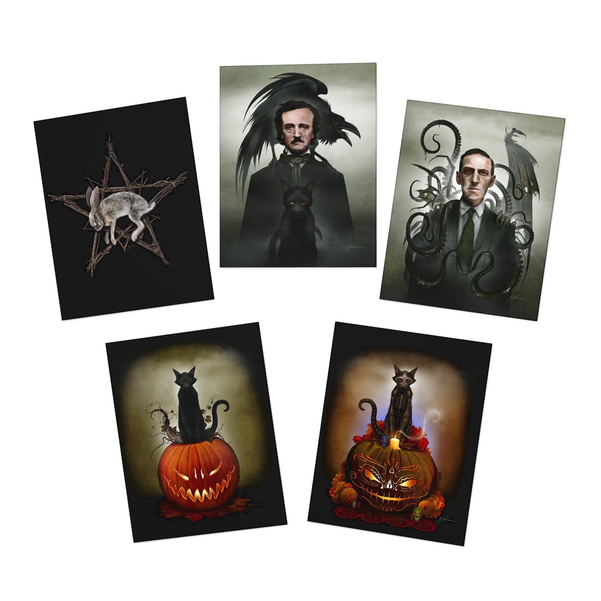 Poe, Lovecraft, Cat O' Lantern, Día De Los Meowtos & Fallen Star greeting cards — Mister Sam Shearon