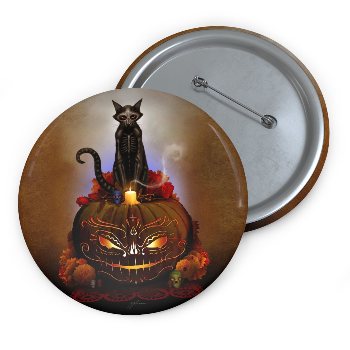 Día De Los Meowtos pin button 3" — Mister Sam Shearon dark art safety pin badge