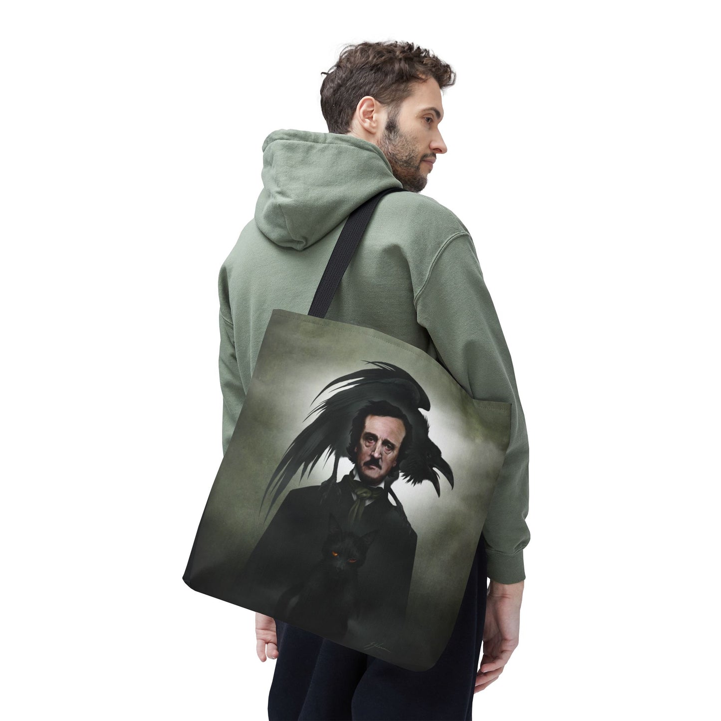 Edgar Allan Poe tote bag side view — gothic literary dark art by Mister Sam Shearon