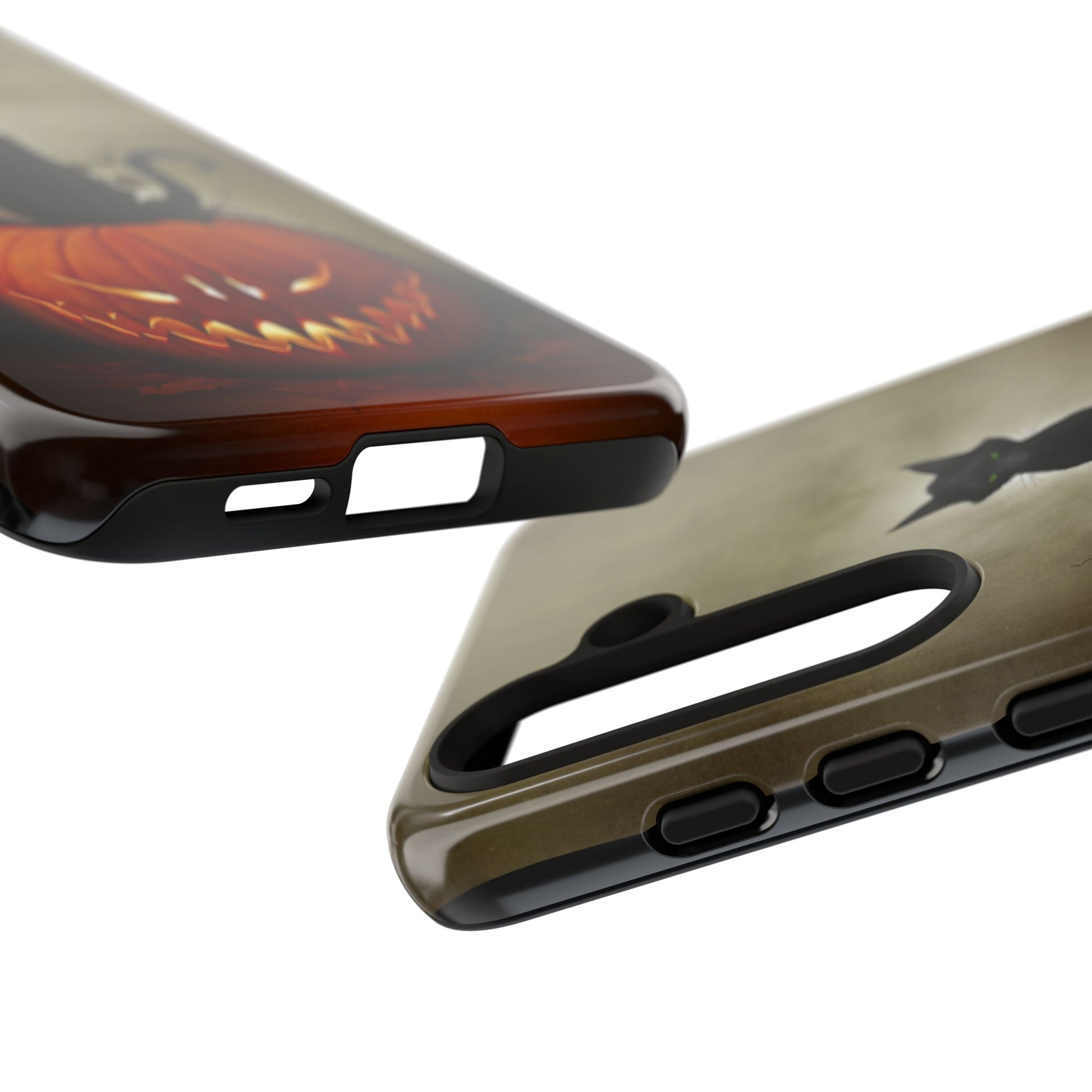 Close-up of Cat O' Lantern tough phone case showing cable port and connector openings
