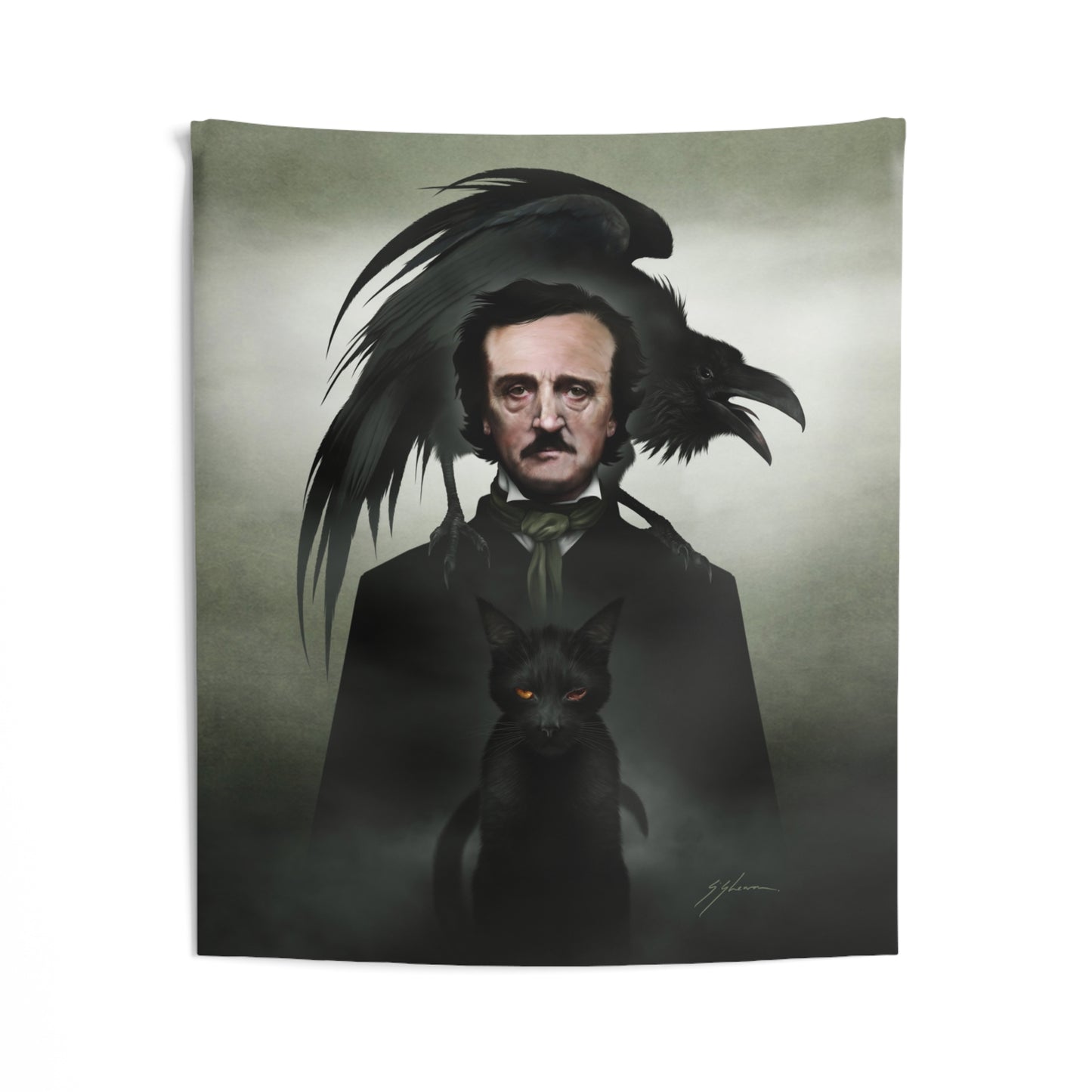 Edgar Allan Poe tapestry — nevermore raven design by Mister Sam Shearon, hung on wall
