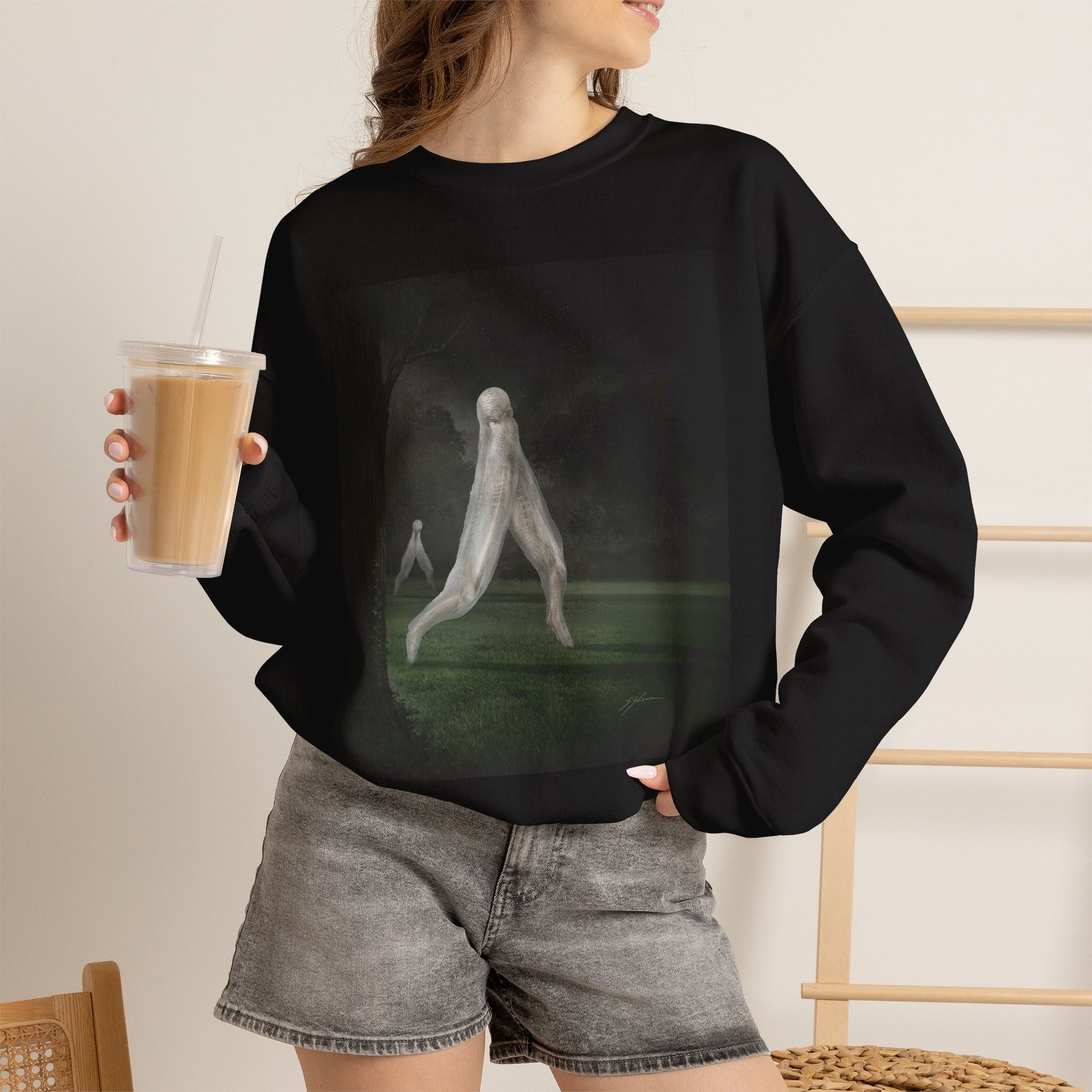 Nightcrawler sweatshirt — unisex heavy blend crewneck with cryptid artwork