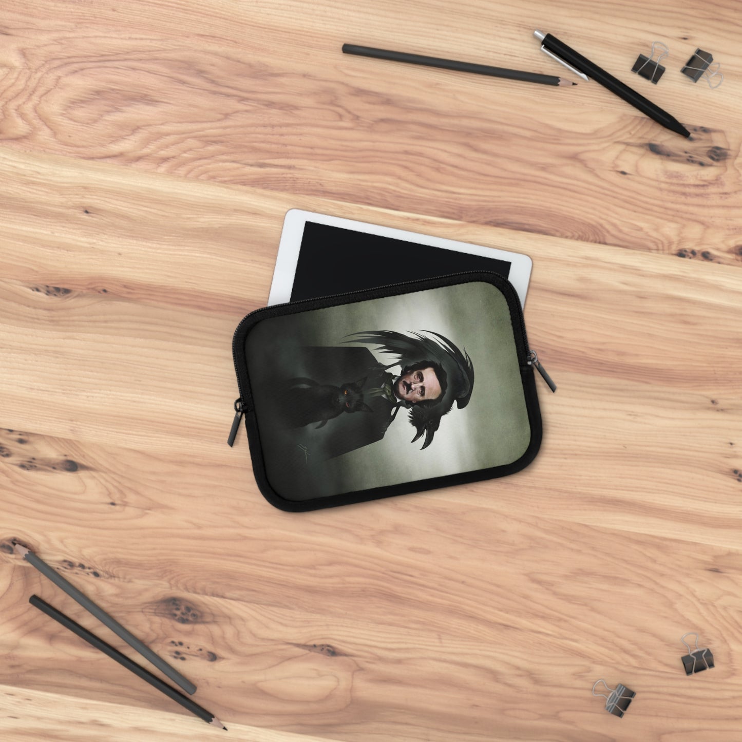 Edgar Allan Poe laptop sleeve flat lay — Mister Sam Shearon Poe collection dark art