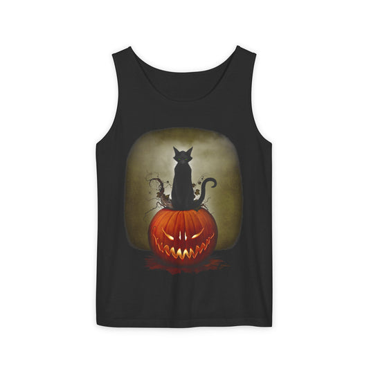 Cat O' Lantern unisex garment-dyed tank top — original Halloween dark art by Mister Sam Shearon