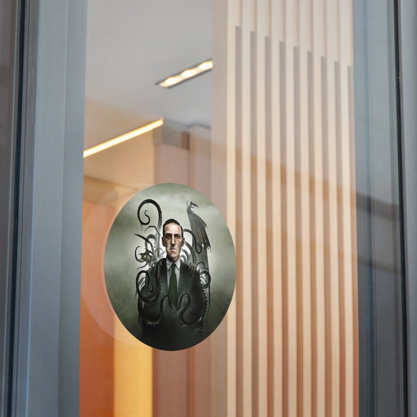 H.P. Lovecraft round vinyl sticker — Mister Sam Shearon eldritch cosmic horror dark art gift 
