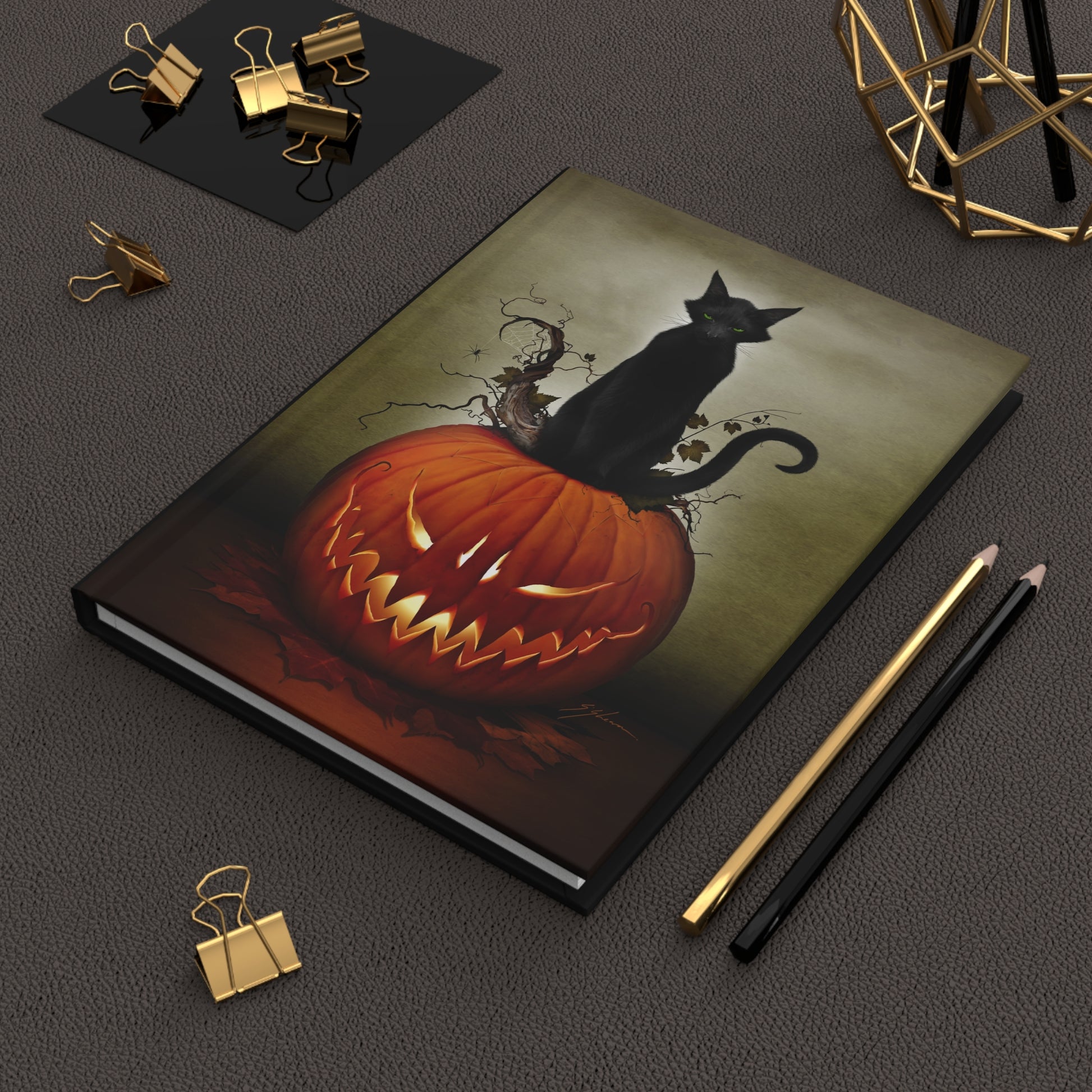 Cat O' Lantern hardcover journal detail — original dark art by Mister Sam Shearon 