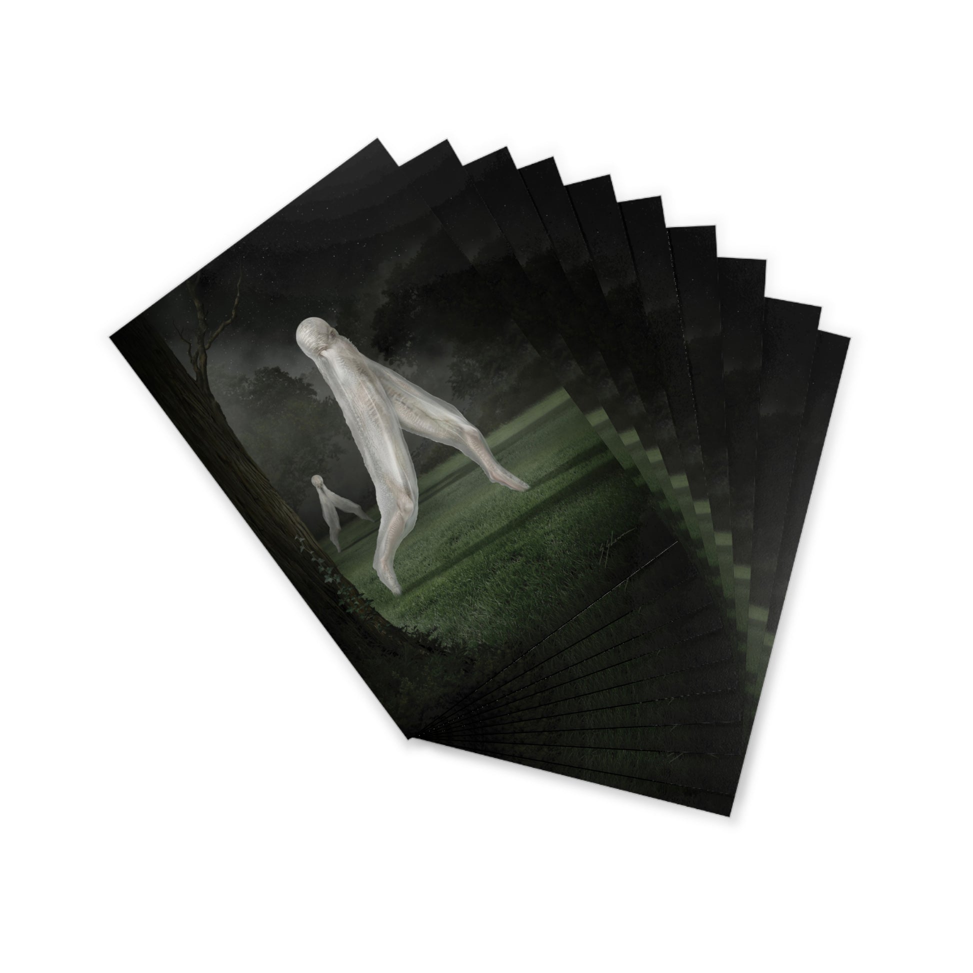 Nightcrawler postcard set by Mister Sam Shearon — dark art, cryptid, creepypasta, paranormal, horror, human-made, non-AI. 