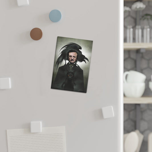 Edgar Allan Poe rectangle button magnet by Mister Sam Shearon — gothic dark art, The Raven, horror literature, human-made, non-AI. 