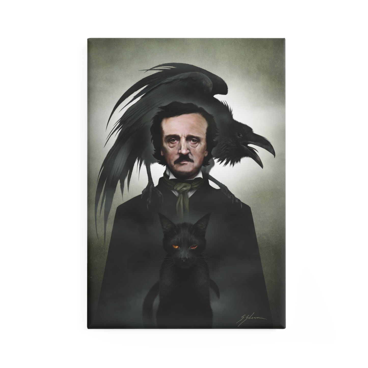 Edgar Allan Poe rectangle button magnet by Mister Sam Shearon — gothic dark art, The Raven, horror literature, human-made, non-AI. 