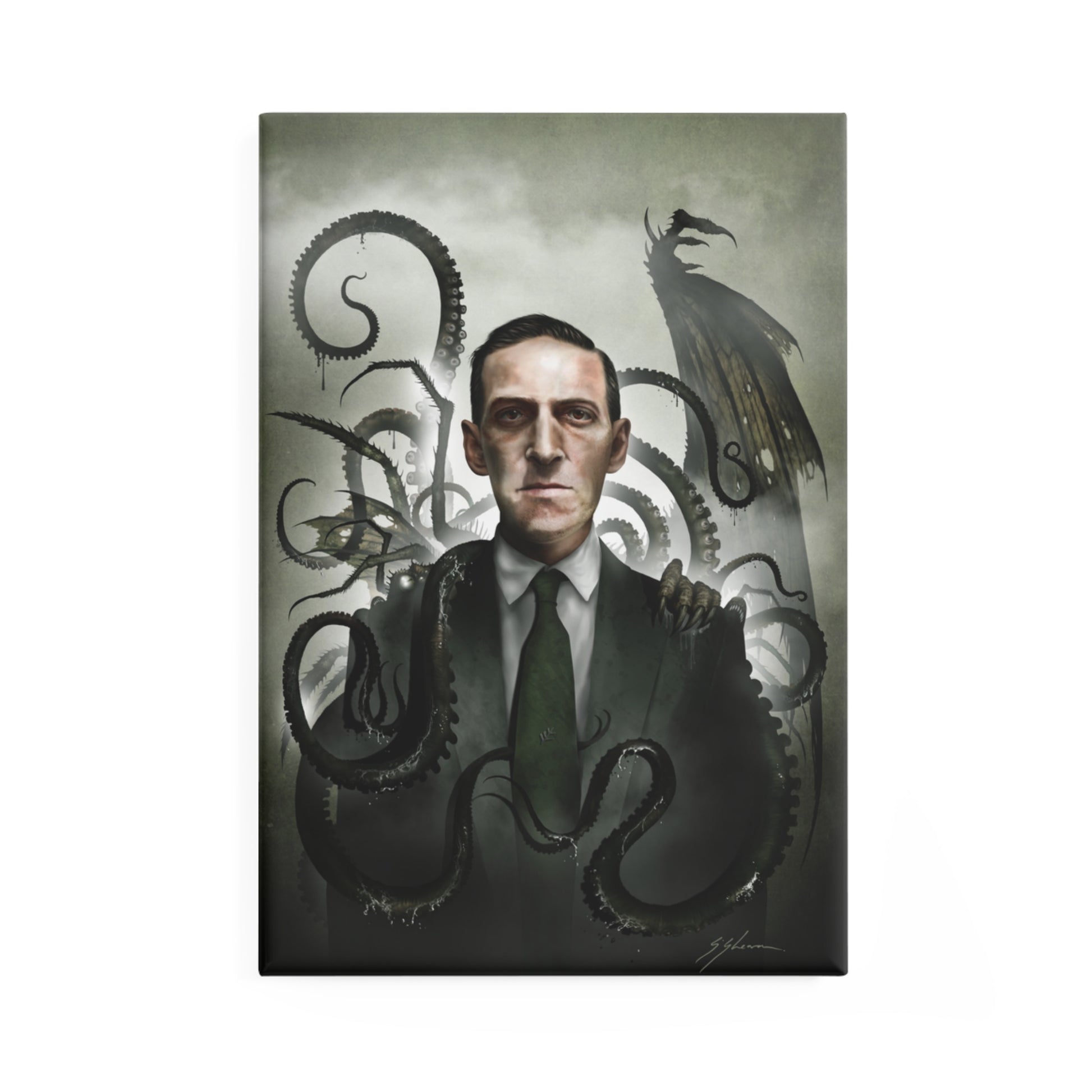 H.P. Lovecraft magnet flat lay — Lovecraftian horror dark art by Mister Sam Shearon