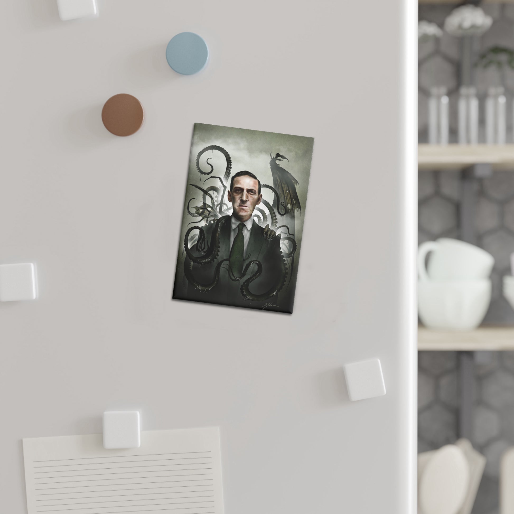 H.P. Lovecraft rectangle button magnet — original cosmic horror dark art by Mister Sam Shearon