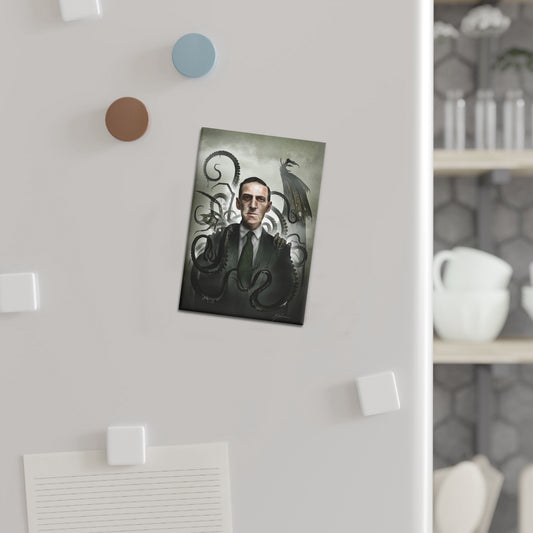 H.P. Lovecraft rectangle button magnet — original cosmic horror dark art by Mister Sam Shearon