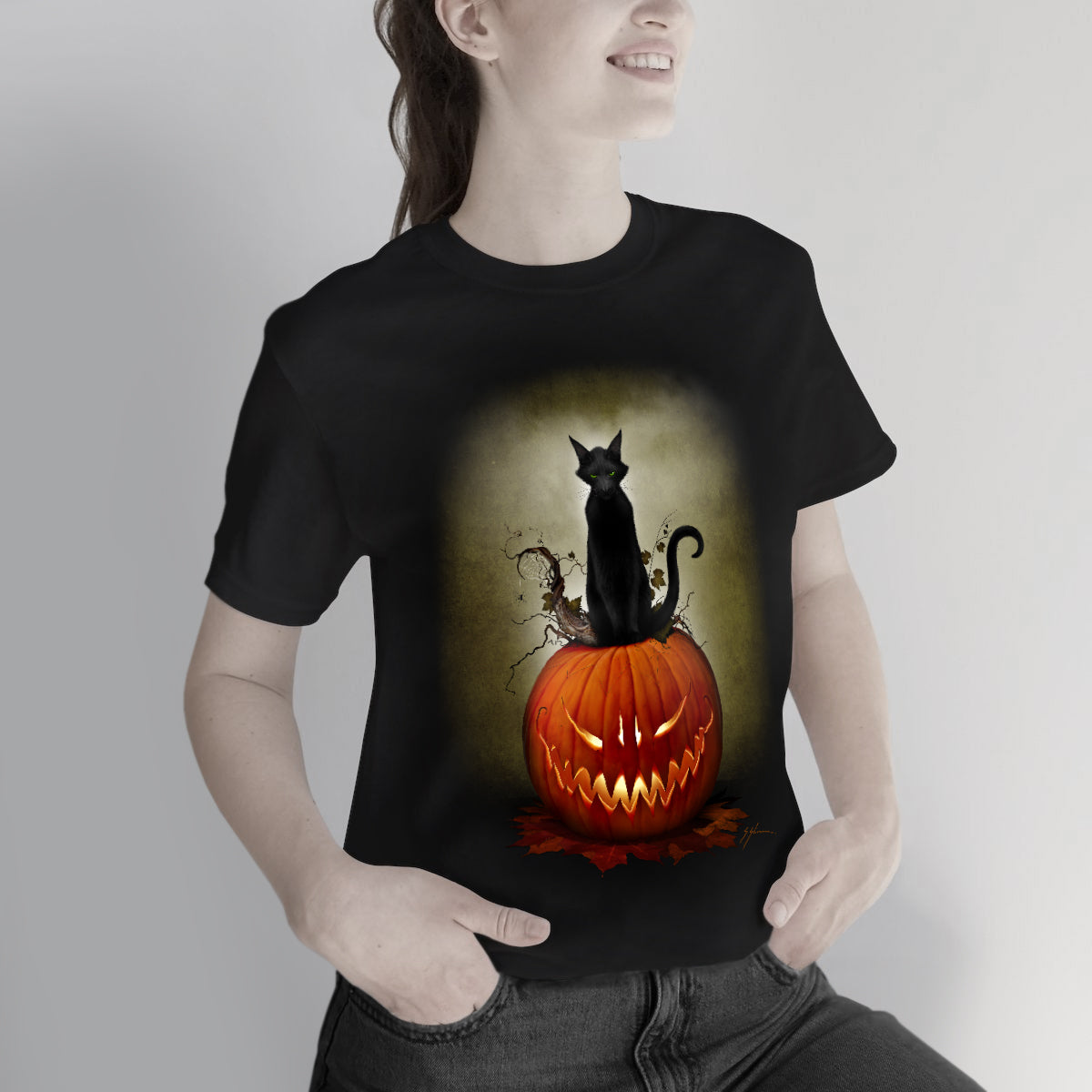 Cat O' Lantern unisex Halloween tee — black cat pumpkin dark art print, original design by Mister Sam Shearon