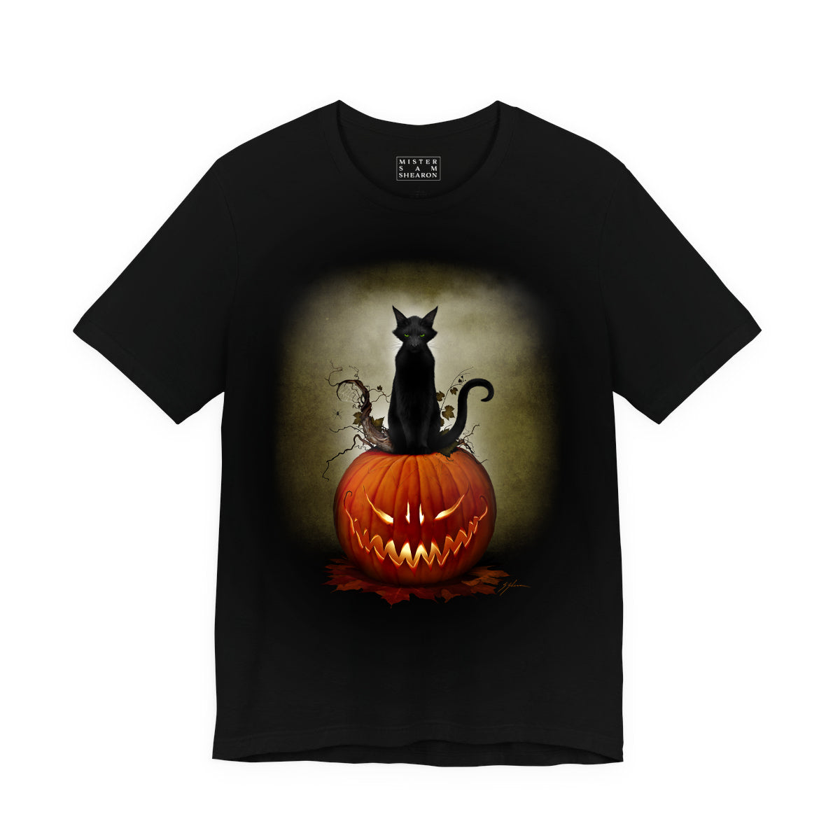Cat O' Lantern Halloween t-shirt — original dark art black cat jack-o-lantern design by Mister Sam Shearon