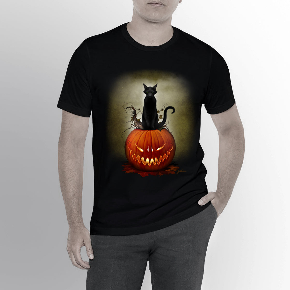 Cat O' Lantern Halloween t-shirt — black cat on jack-o-lantern, original horror dark art by Mister Sam Shearon