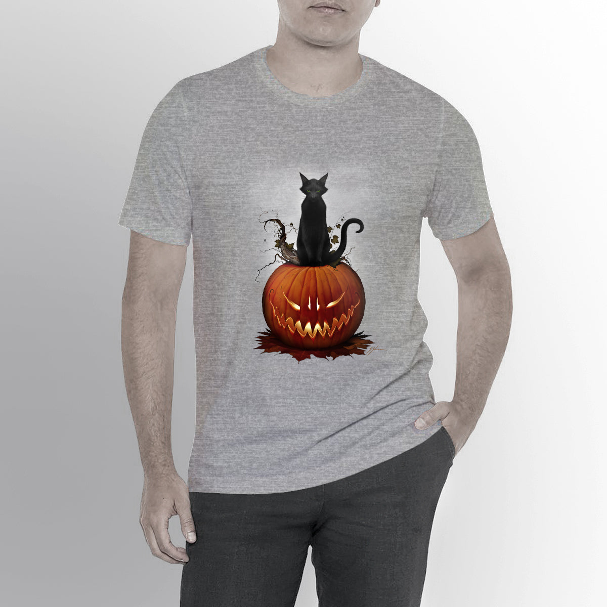 Cat O' Lantern gothic horror tee — sinister Halloween black cat pumpkin design by Mister Sam Shearon