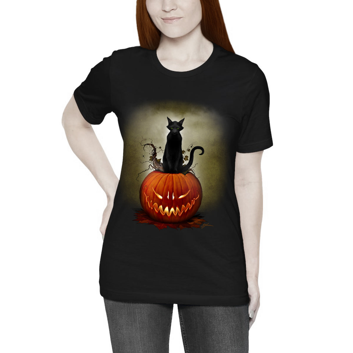 Cat O' Lantern Halloween horror shirt — original black cat pumpkin dark art by Mister Sam Shearon, no AI