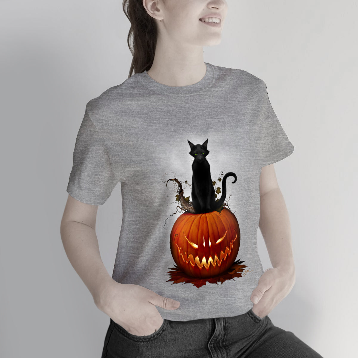 Cat O' Lantern gothic Halloween t-shirt — jack-o-lantern black cat artwork, dark art collectible by Mister Sam Shearon