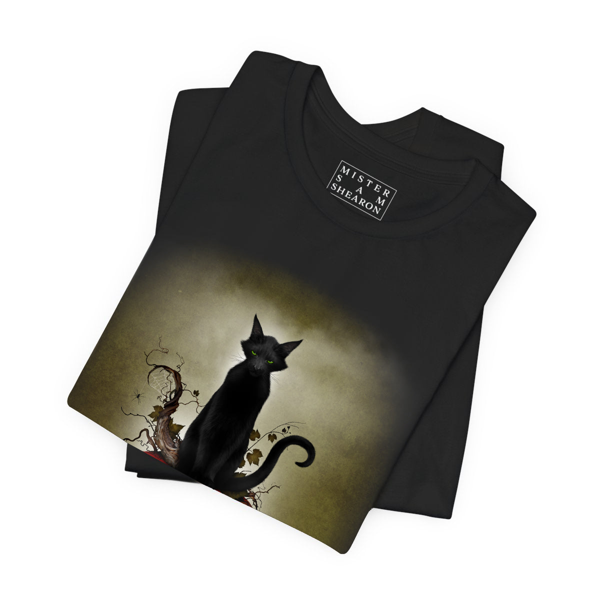 Cat O' Lantern All Hallows' Eve t-shirt — sinister black cat jack-o-lantern artwork by Mister Sam Shearon