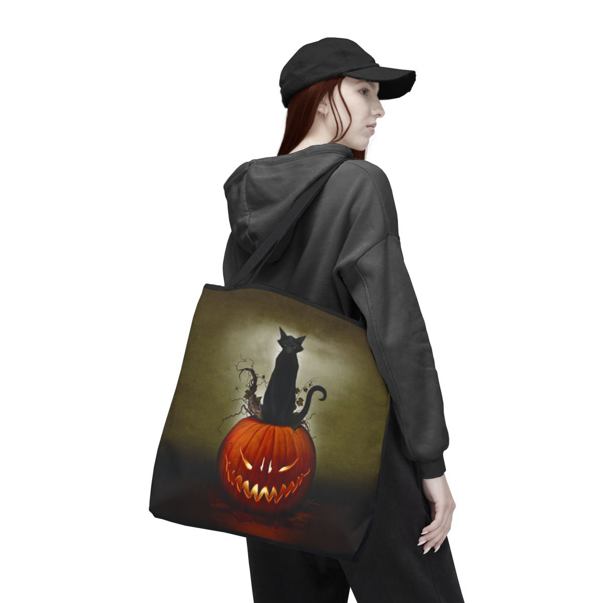 Spooky Halloween tote bag — Cat O' Lantern all-over print AOP, samhain dark art collectible
