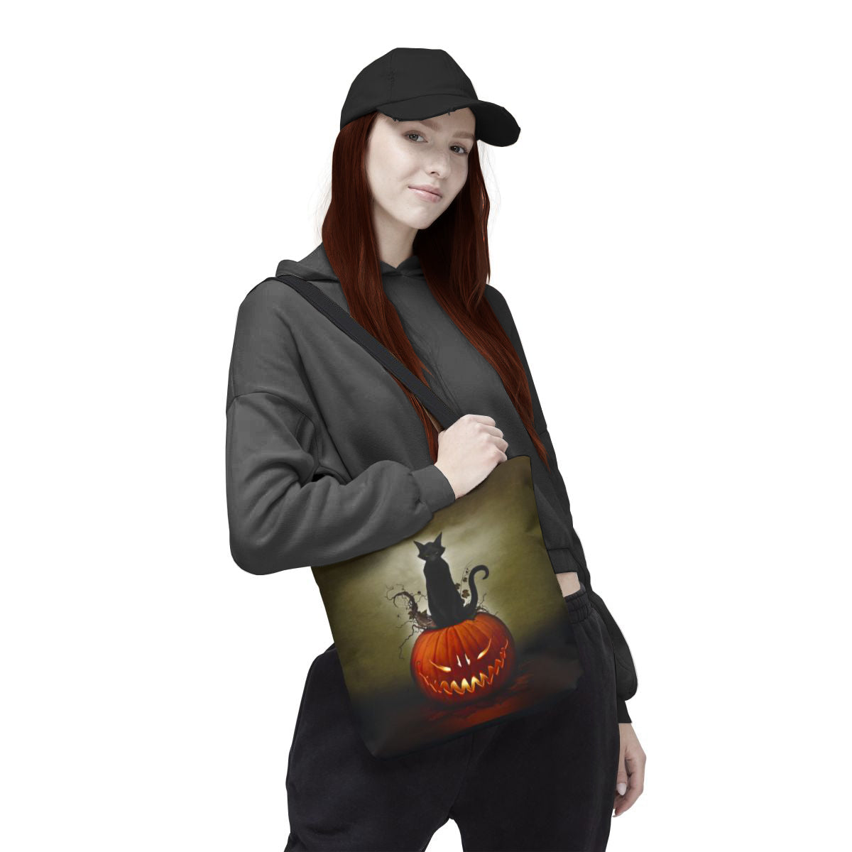 Mister Sam Shearon Halloween tote — Cat O' Lantern dark art, human-made, zero AI