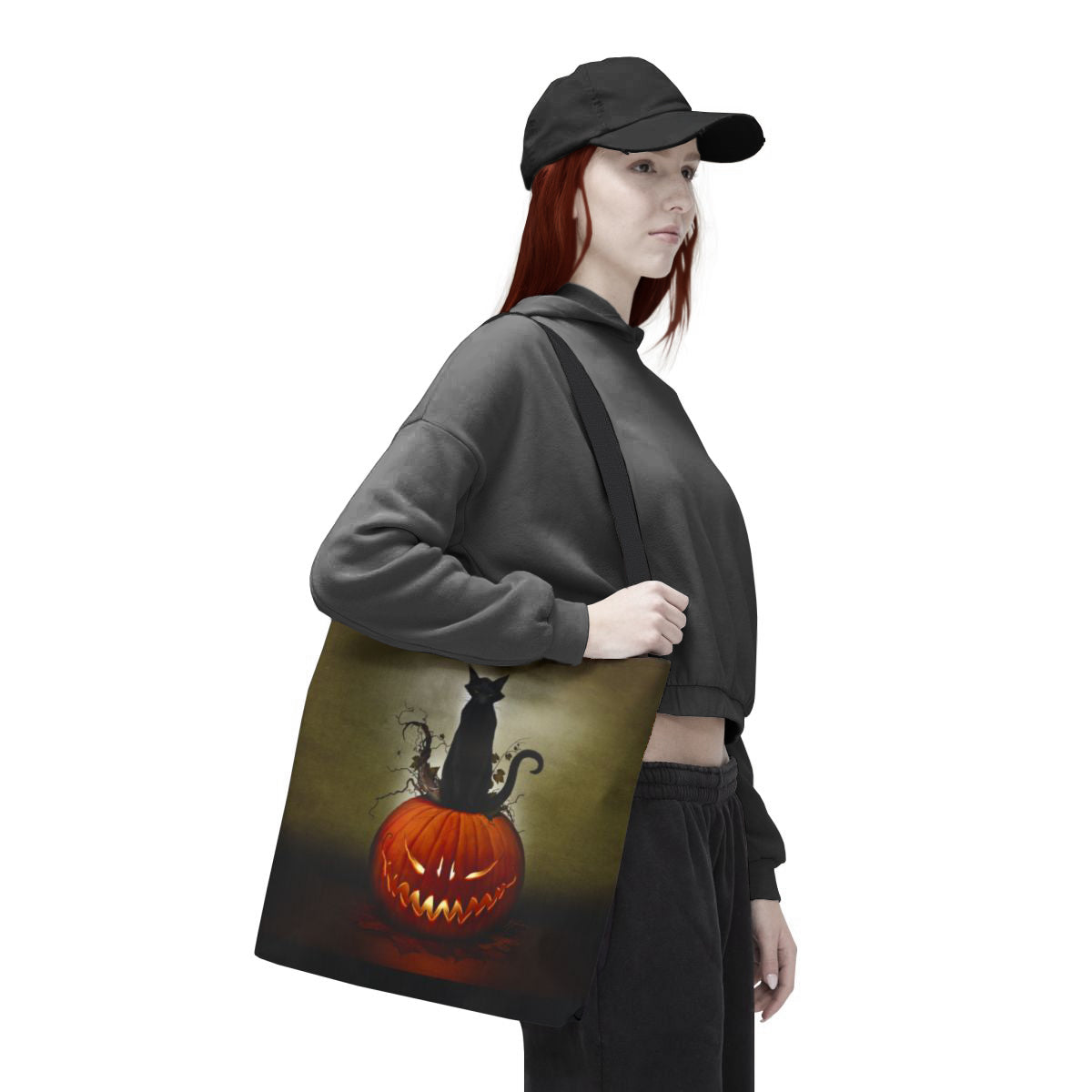 Dark art Halloween tote bag — Cat O' Lantern original artwork, horror gift for collectors