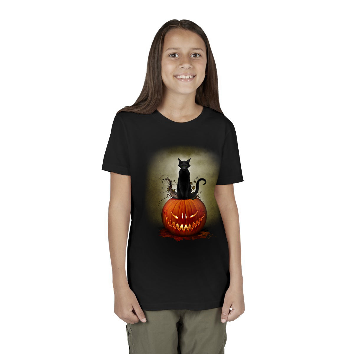 Cat O' Lantern Halloween youth tee in Athletic Heather — dark art by Mister Sam Shearon