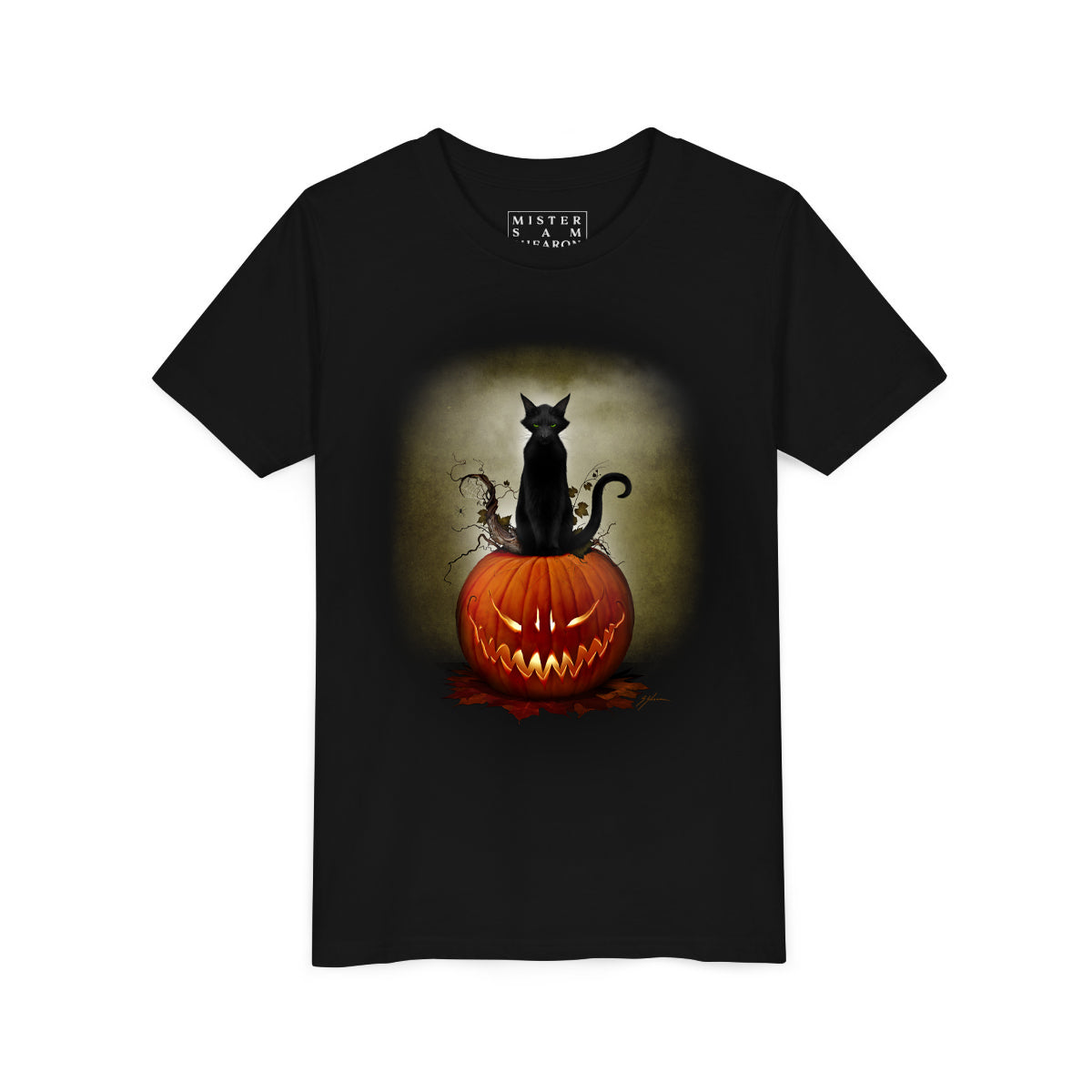 Cat O' Lantern Halloween youth t-shirt — black cat on jack-o-lantern dark art by Mister Sam Shearon