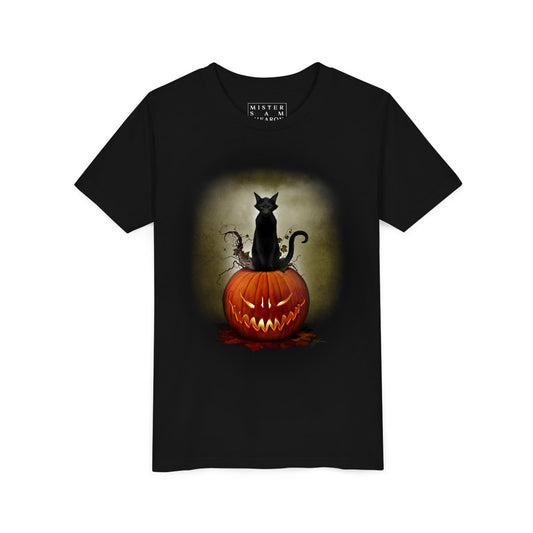 Cat O' Lantern Halloween youth t-shirt — black cat on jack-o-lantern dark art by Mister Sam Shearon
