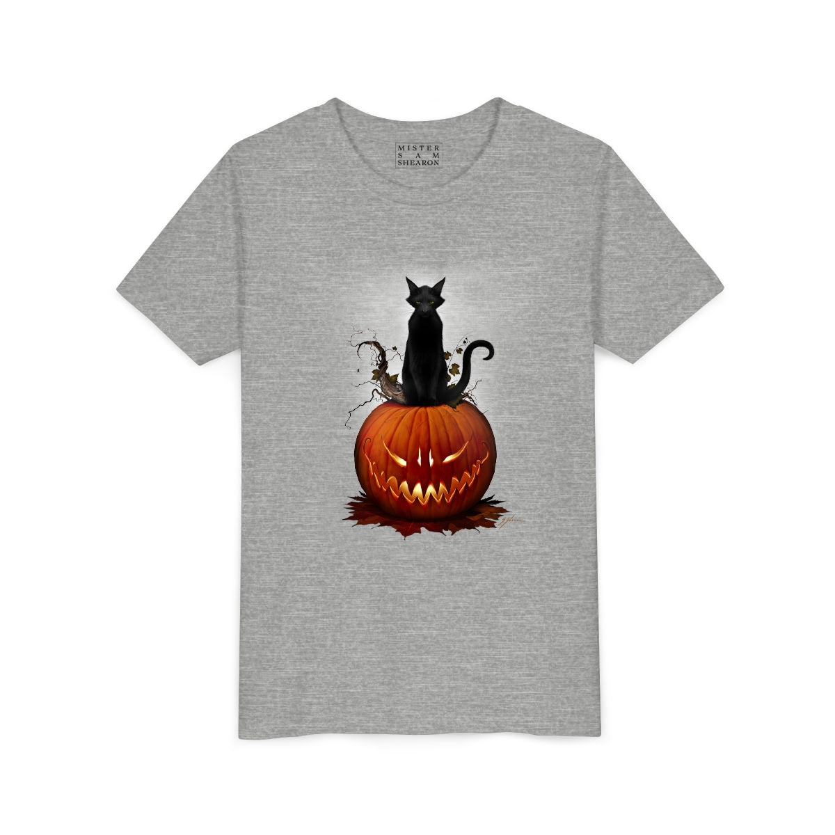 Cat O' Lantern youth tee flat lay — Halloween gothic art by Mister Sam Shearon