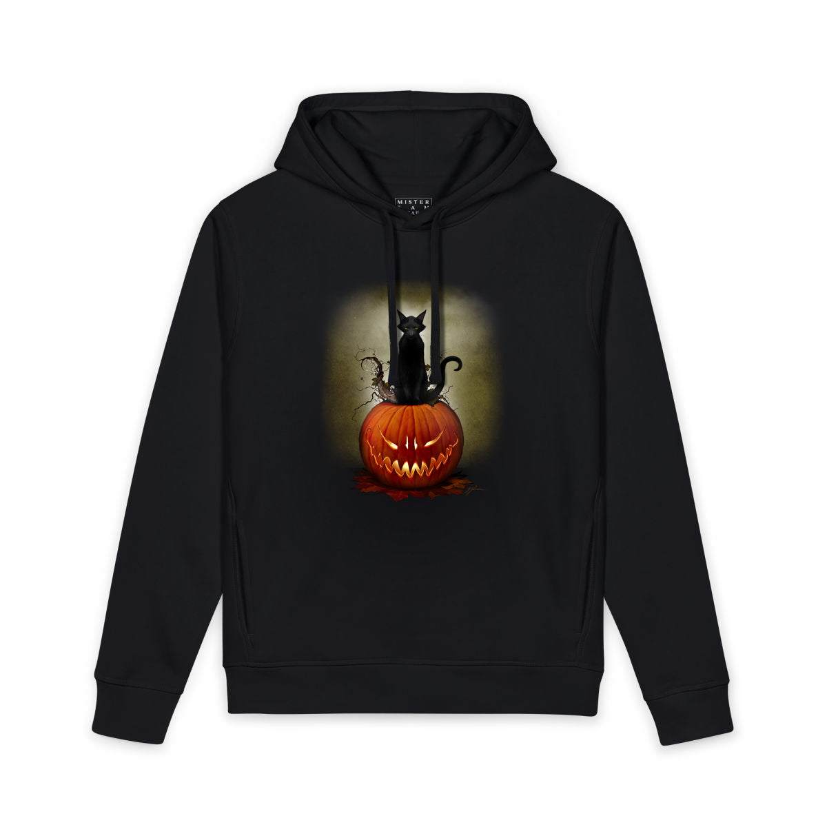 Cat O' Lantern unisex hoodie — black cat on jack-o-lantern Halloween dark art by Mister Sam Shearon