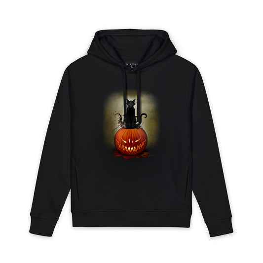 Cat O' Lantern unisex hoodie — black cat on jack-o-lantern Halloween dark art by Mister Sam Shearon