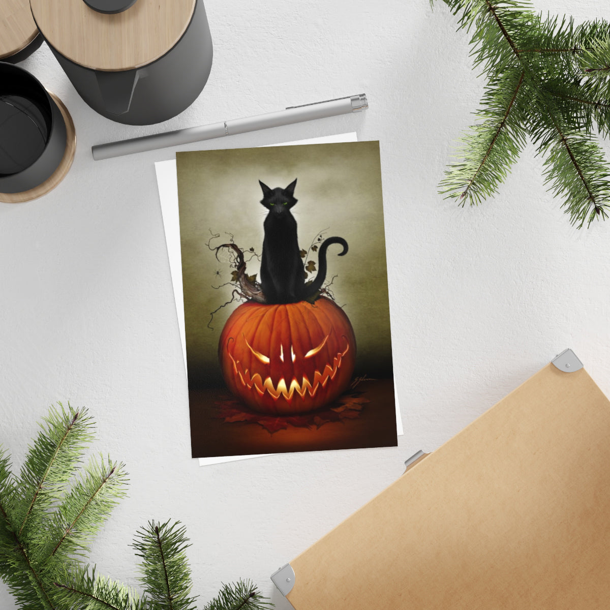 Cat O' Lantern postcard pack lifestyle shot — dark art Halloween greeting cards by Mister Sam Shearon 
