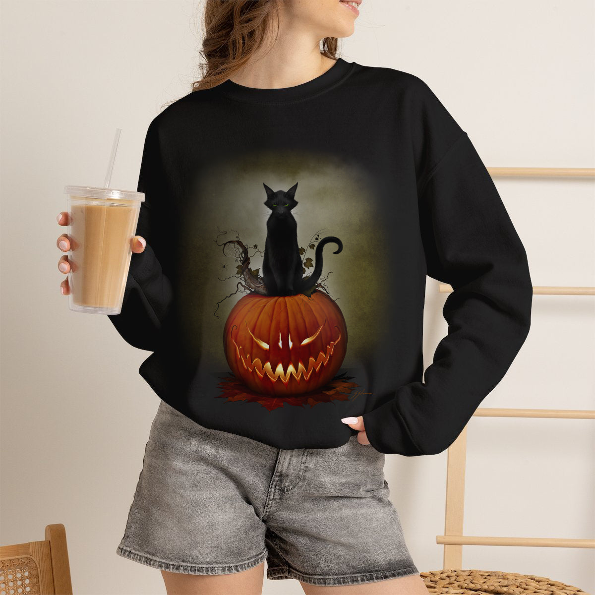 Cat O' Lantern sweatshirt flat lay sport black — Halloween cat dark art on grey crewneck