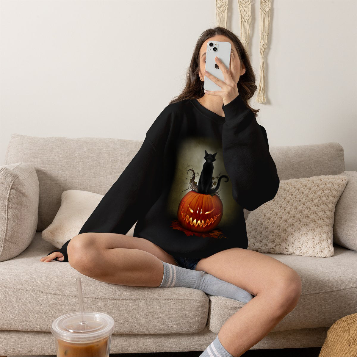 Cat O' Lantern sweatshirt — unisex heavy blend crewneck with Halloween cat artwork
