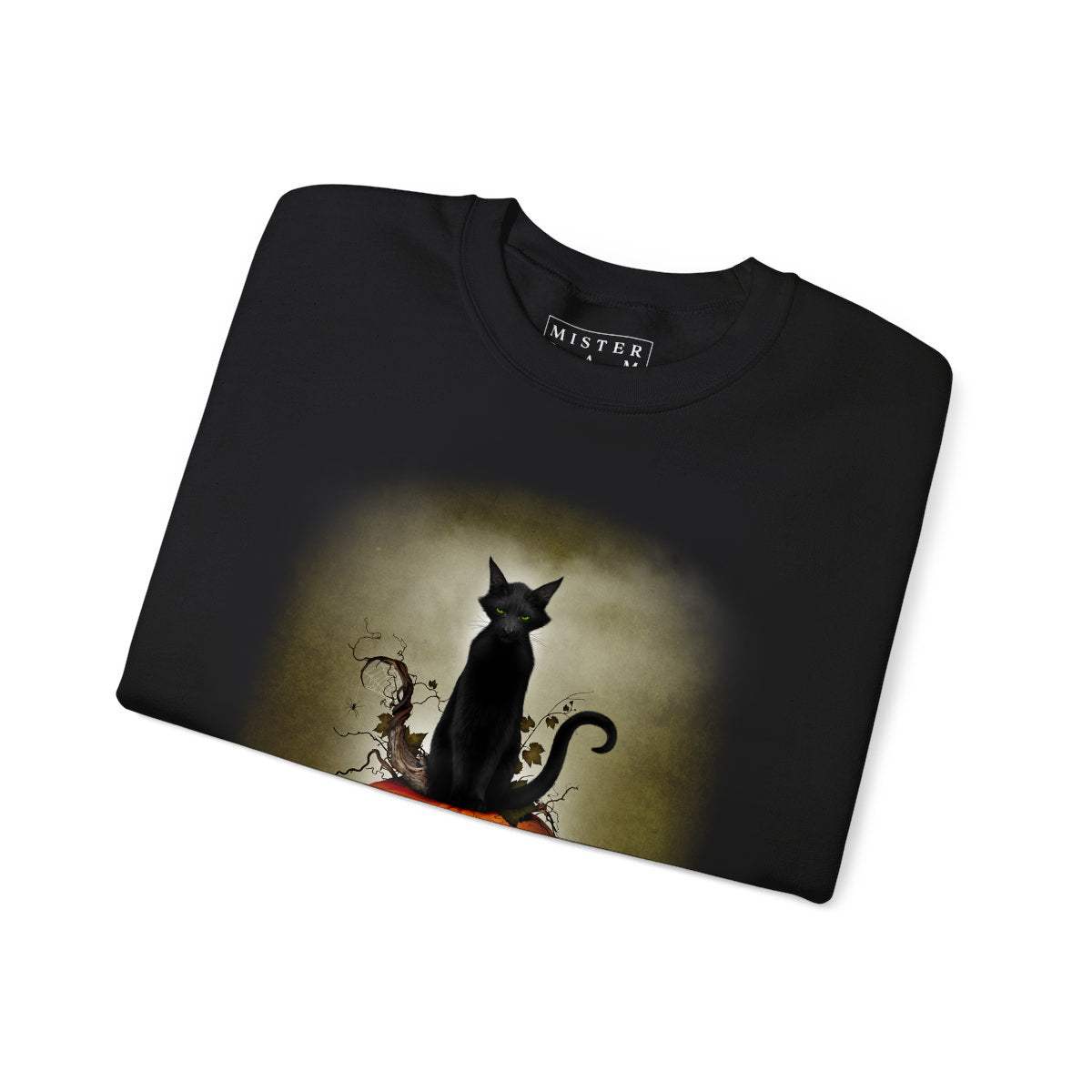Cat O' Lantern sweatshirt flat lay black — Mister Sam Shearon All Hallows' Eve collection