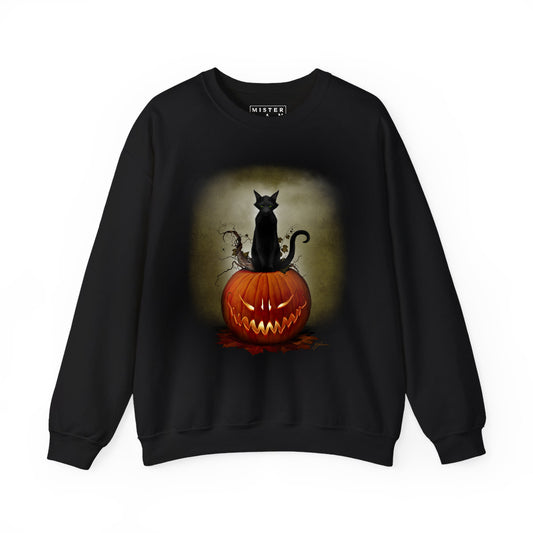 Cat O' Lantern crewneck sweatshirt — original Halloween dark art by Mister Sam Shearon on black Gildan heavy blend