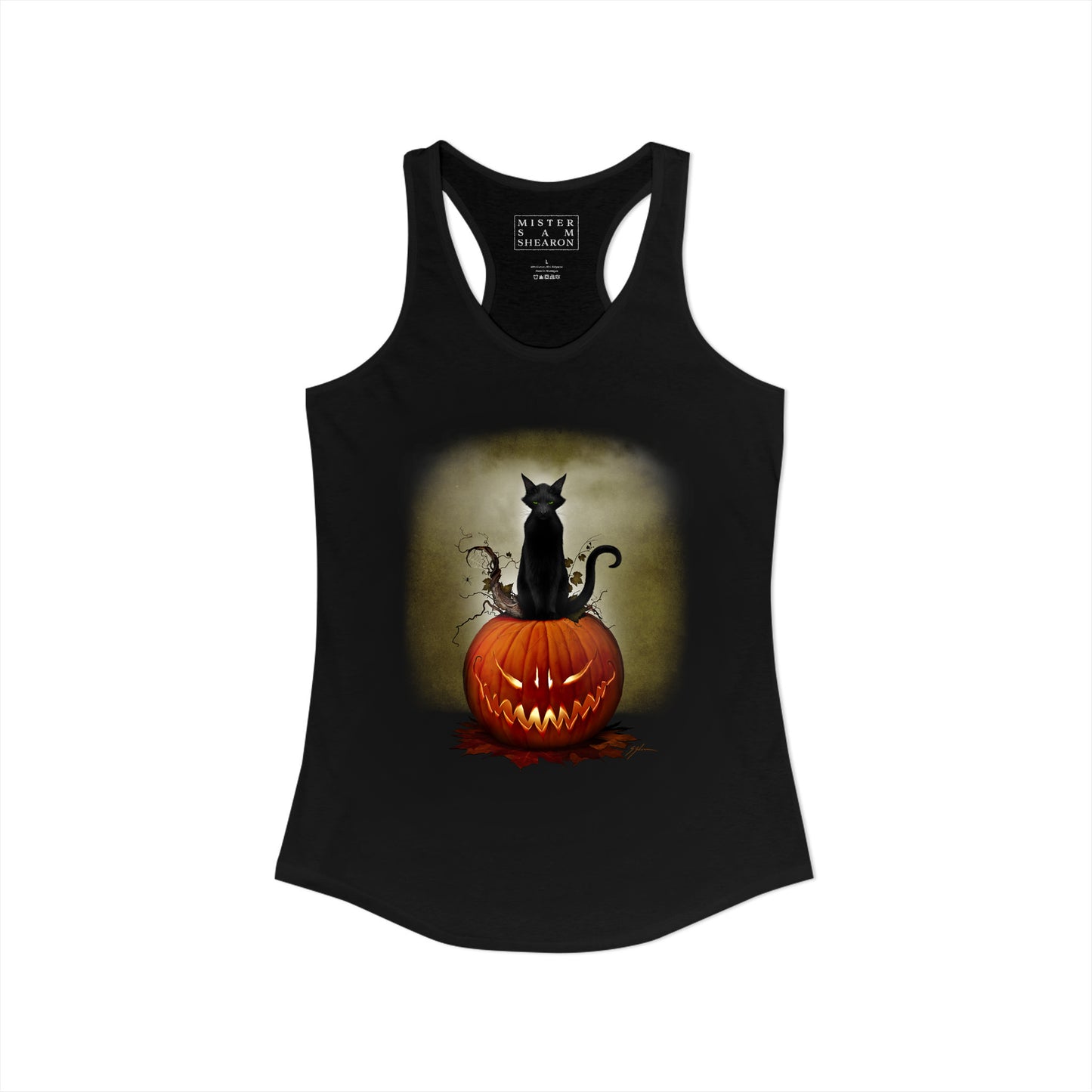 Cat O' Lantern women's racerback tank — original Halloween dark art by Mister Sam Shearon
