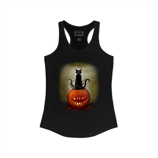 Cat O' Lantern women's racerback tank — original Halloween dark art by Mister Sam Shearon