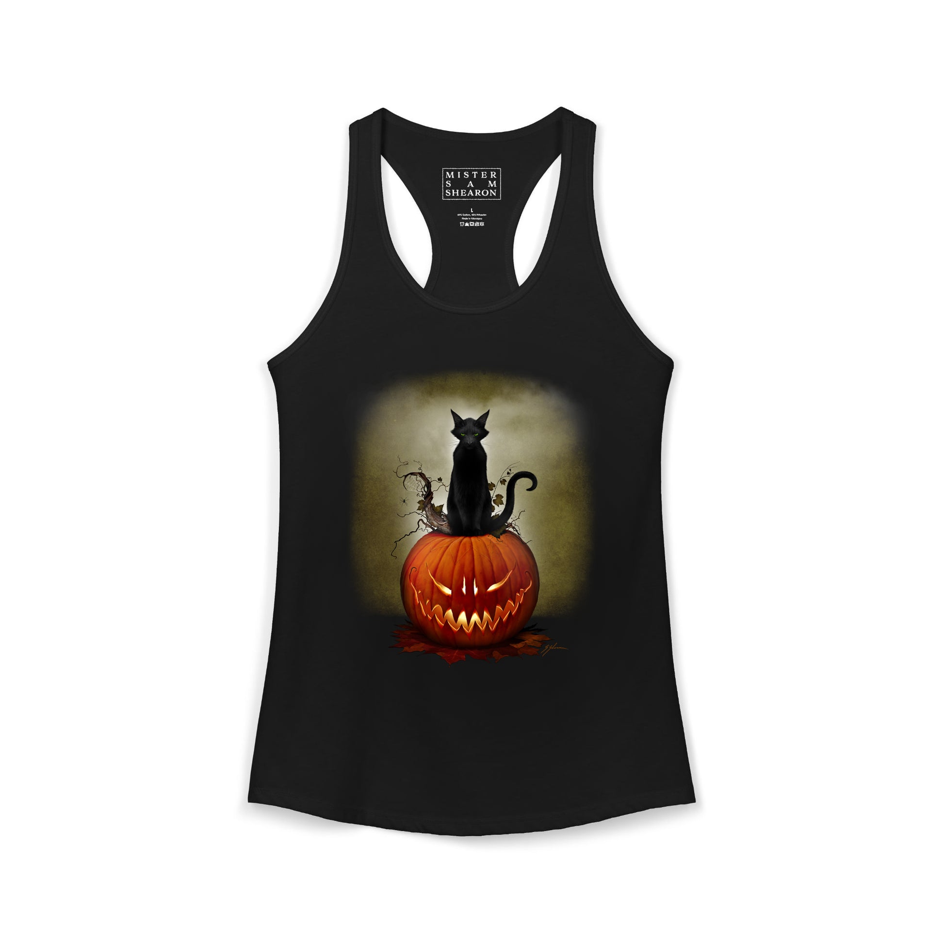 Cat O' Lantern women's tank flat lay — Mister Sam Shearon All Hallows' Eve collection
