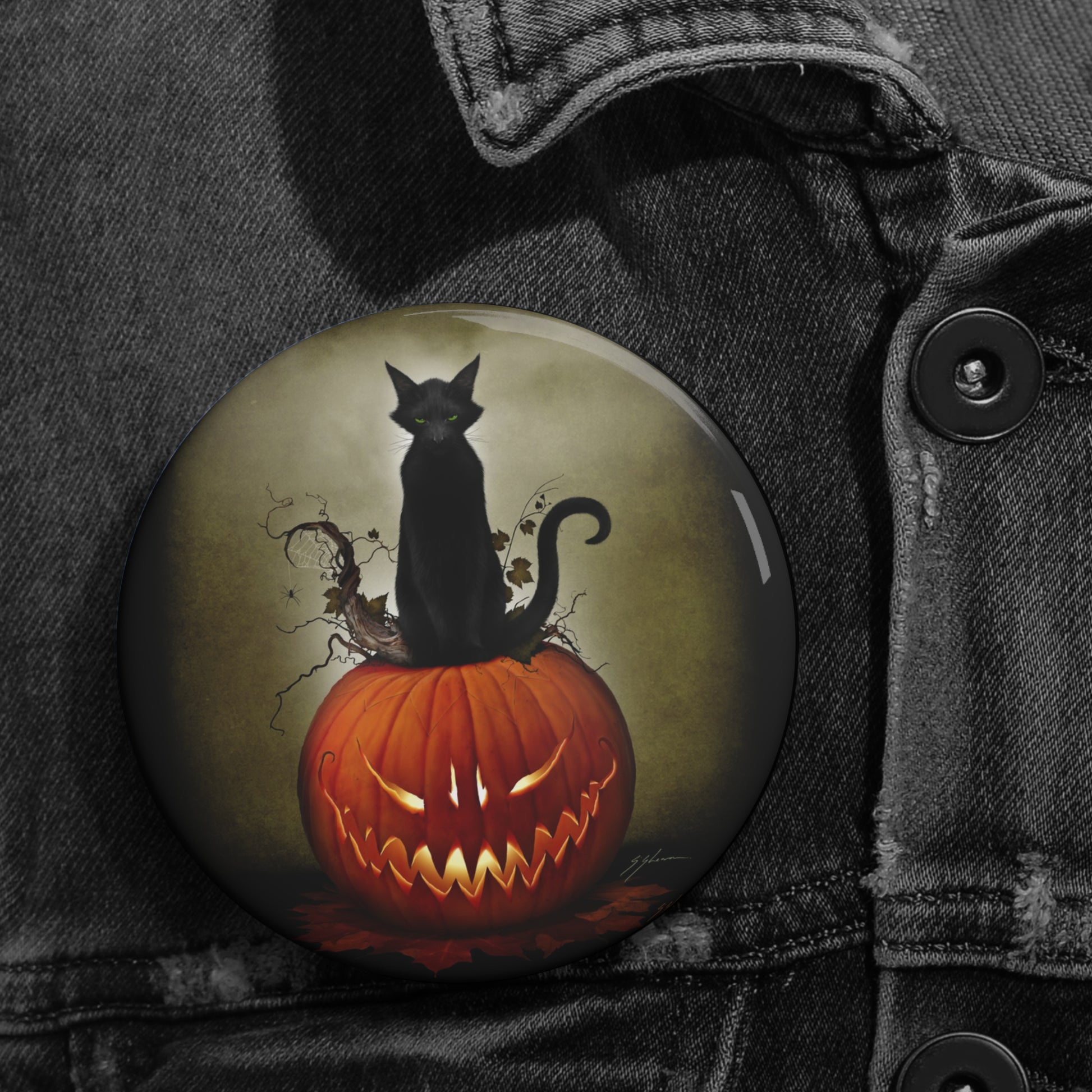Cat O' Lantern 3 inch pin button — Mister Sam Shearon original Halloween dark art gift 