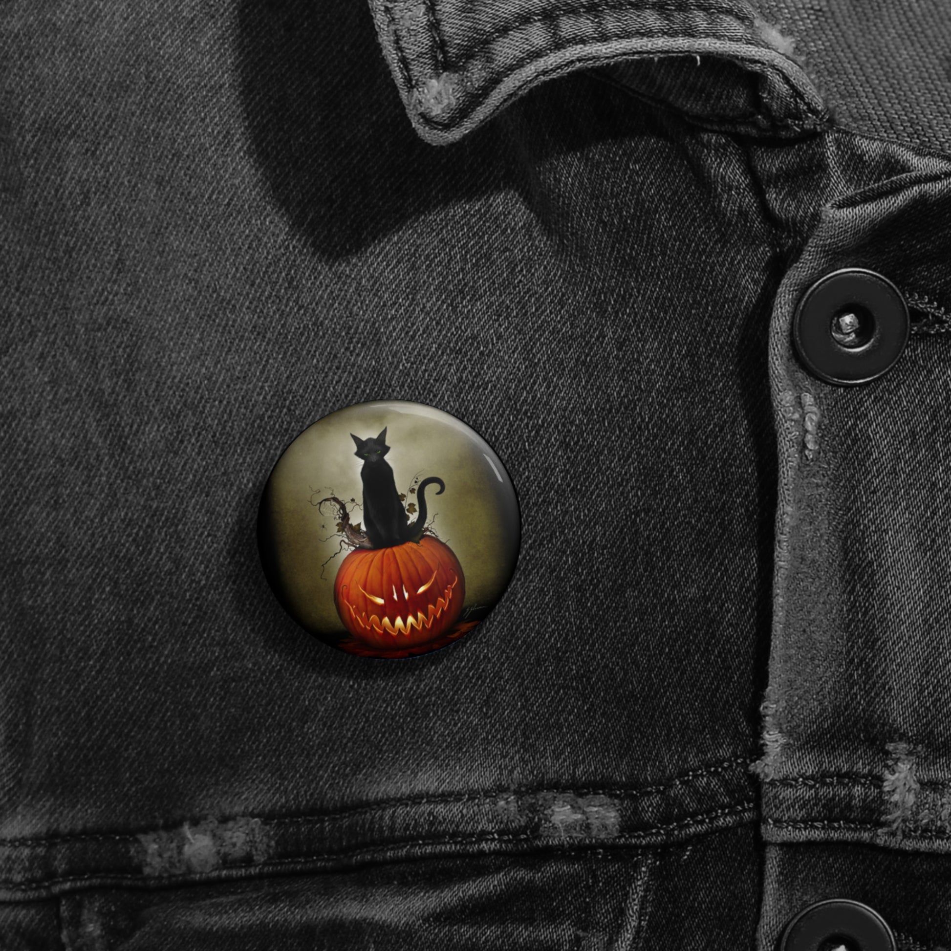 Cat O' Lantern 1.25 inch pin button — Mister Sam Shearon gothic Halloween art